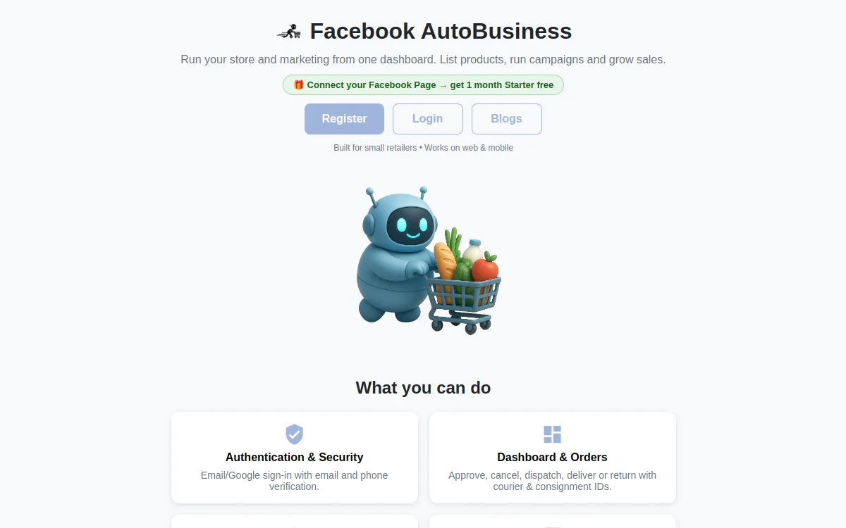 Screenshot of the Auto Business product homepage