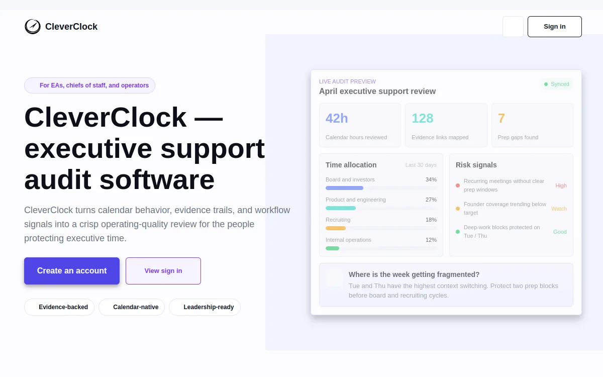 Screenshot of the CleverClock product homepage